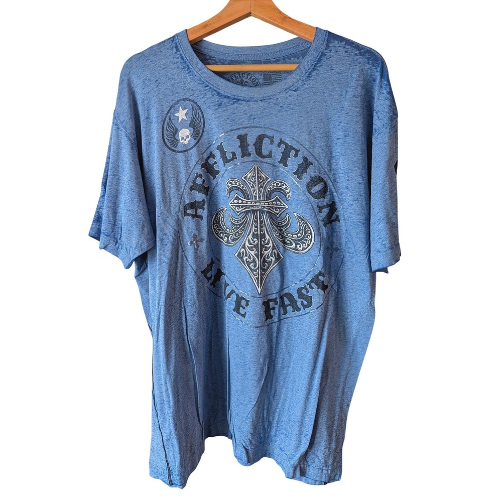 Affliction T-Shirt Mens 2XL Blue Live Fast Fleur De Lis Graphic Burnout USA Made